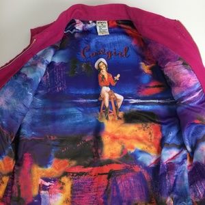 Vintage Pink Denim Cow Girls Art Zip Up Ve…